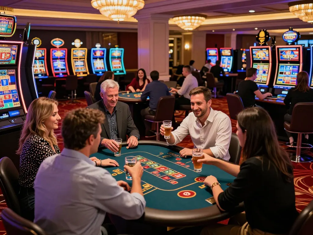 Players enjoying a thrilling game experience at F168 casino, vibrant slot machines flashing lights and sounds.