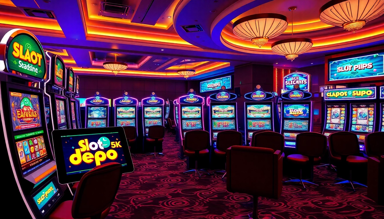 Mainkan permainan seru di Slot Depo 5K dalam suasana kasino yang hidup dan mewah penuh dengan mesin slot.