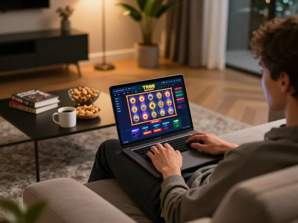 Player engaged in gaming on TR88 online casino interface with cozy home setting