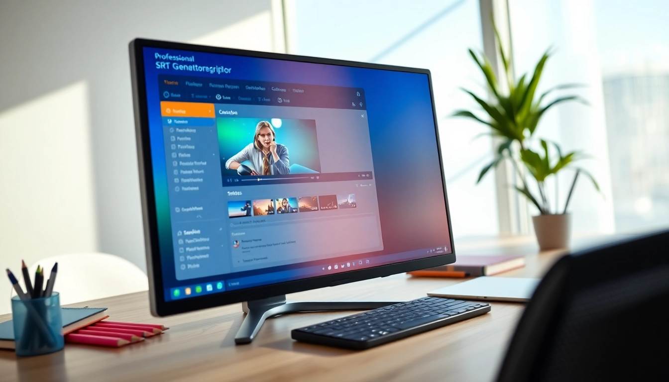 Utilizing an SRT Generator to create subtitles with user-friendly software in a modern workspace.