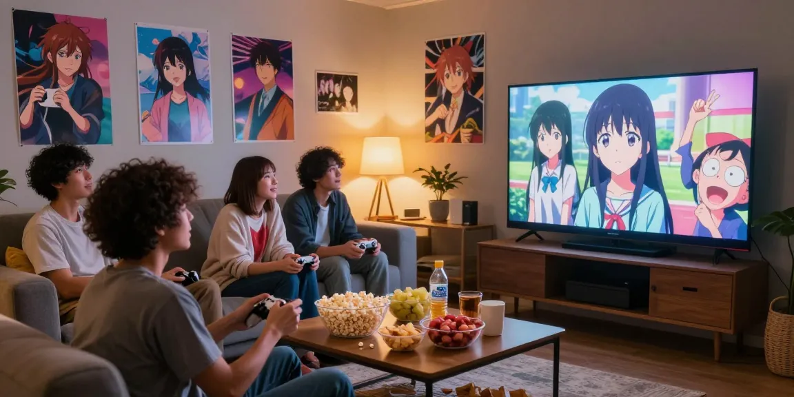 Penggemar anime menonton bersama di ruang tamu, menikmati Animeplay dengan semangat.
