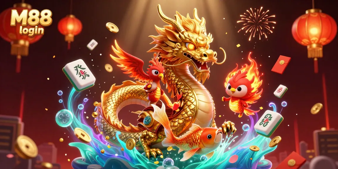 Experience M88 login with the fierce dragon, phoenix, and koi fish in a vibrant casino atmosphere.