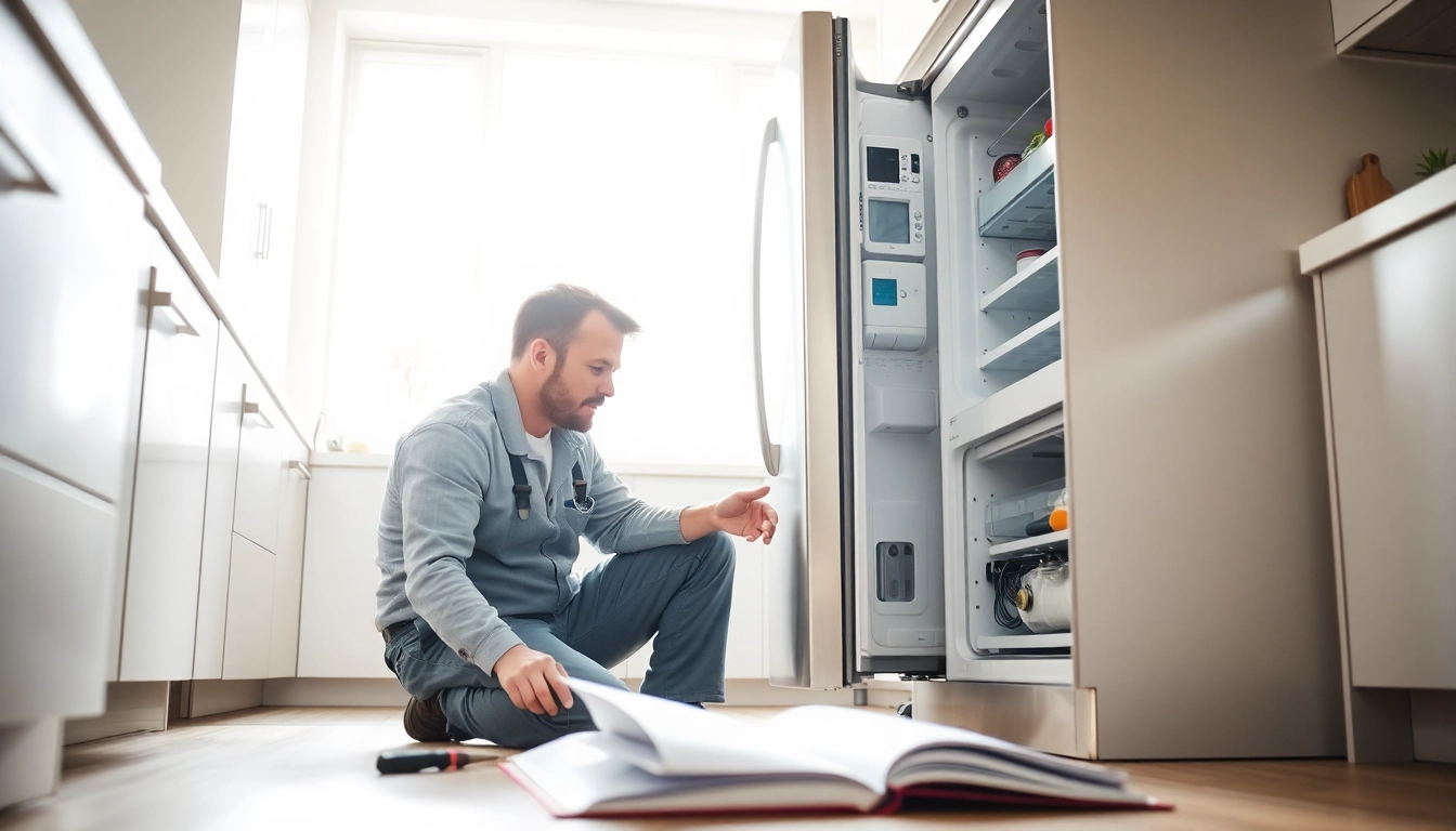 Technician conducting appliance repair work in a modern kitchen.