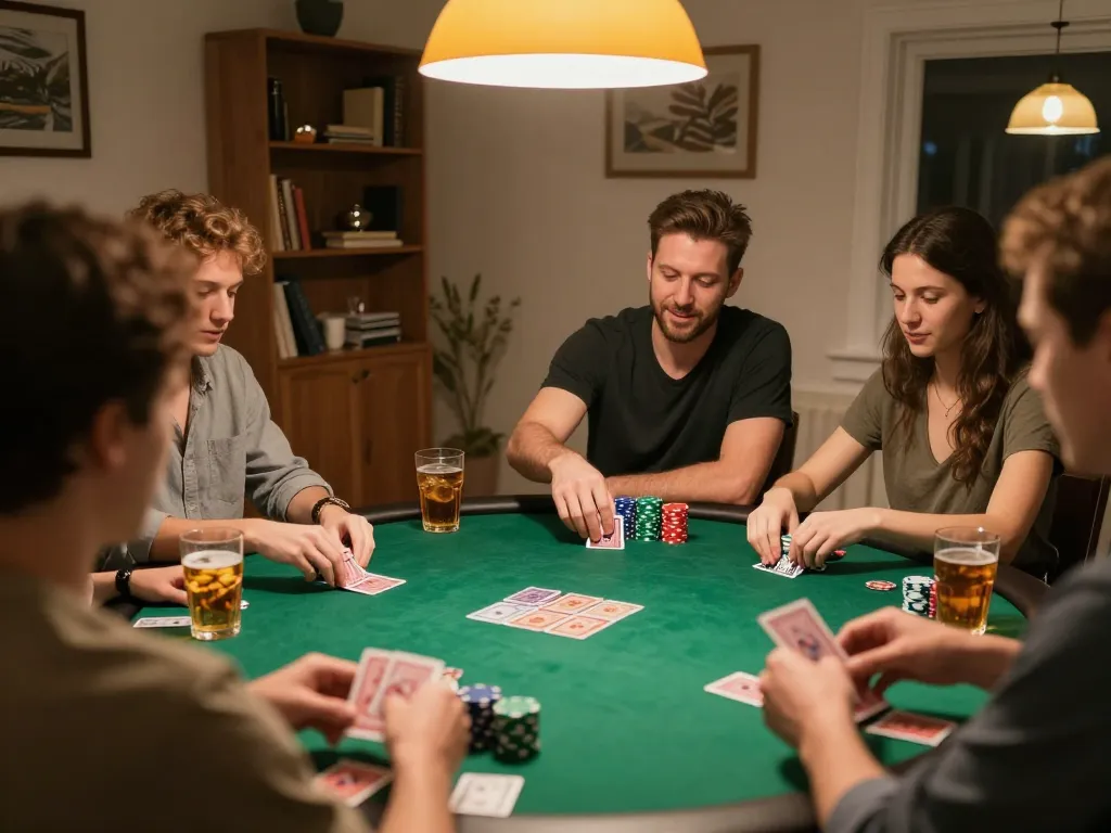 Friends playing poker at home, enhancing their manclub experience with strategy discussions and friendly competition.