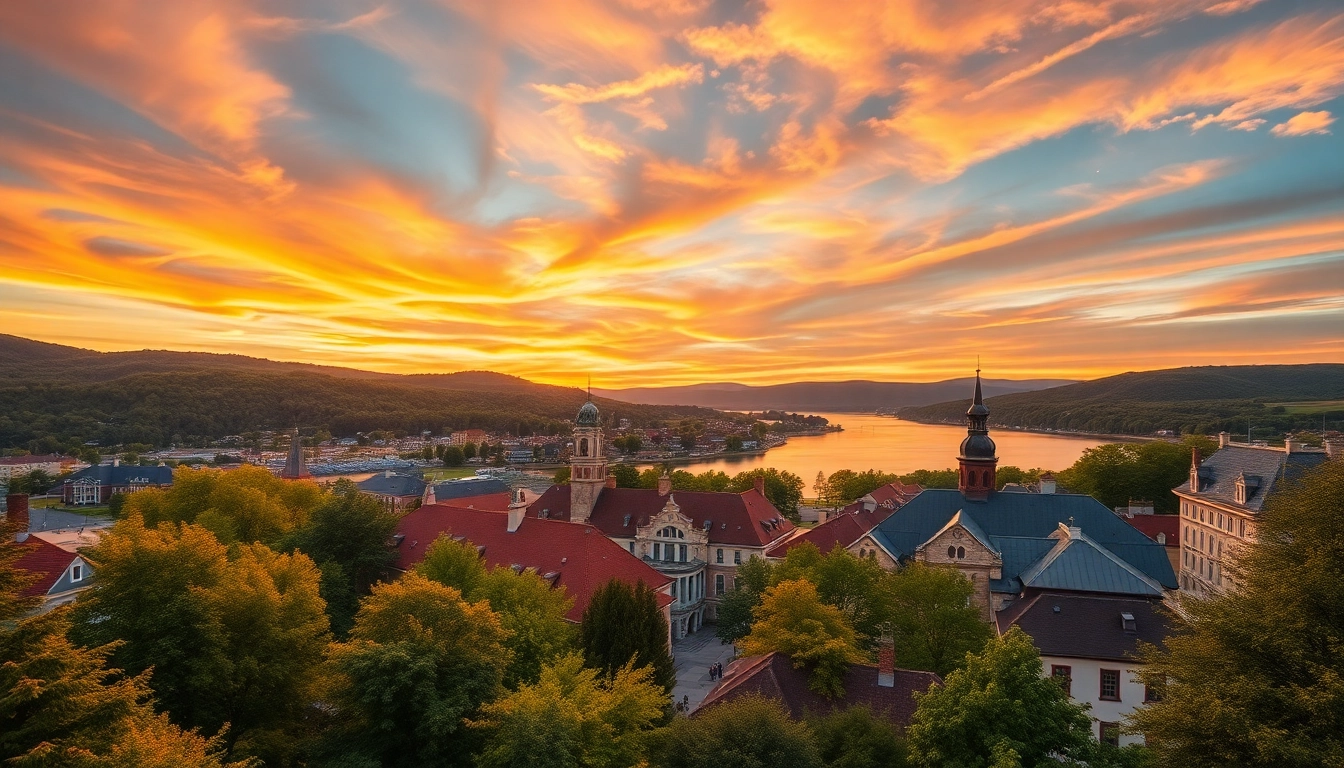 Witness the serene landscape of Clarksburg with lush greenery and golden sunset lighting.