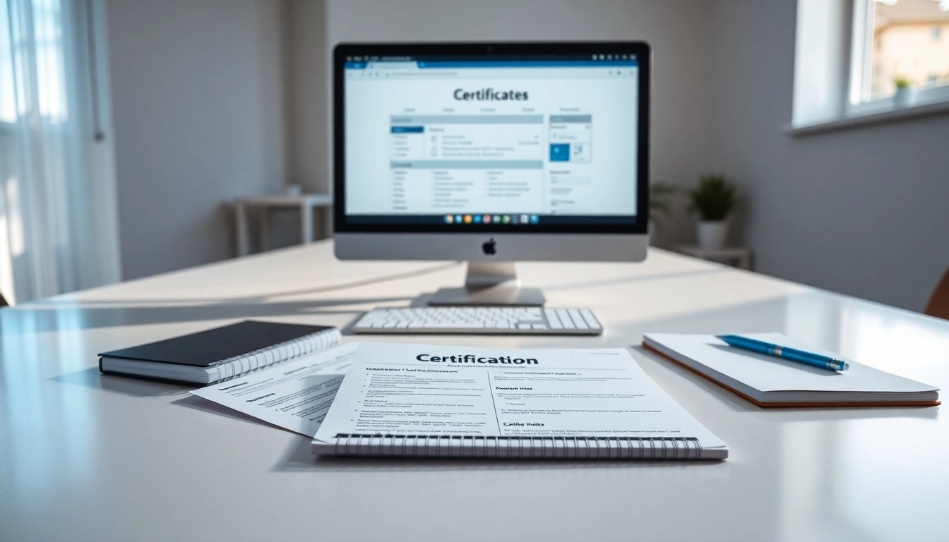 Explore options to get certified illustrated on a sleek desk with computer and study materials.