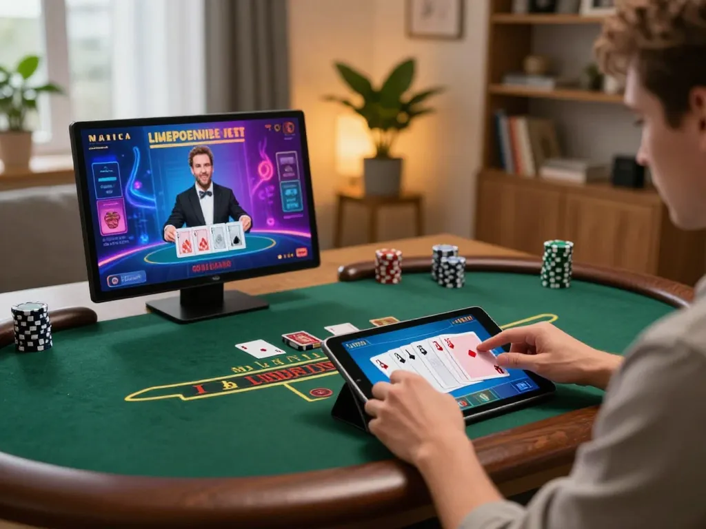 Player engaging with mb88-bm online blackjack on tablet in a stylish home office setting.