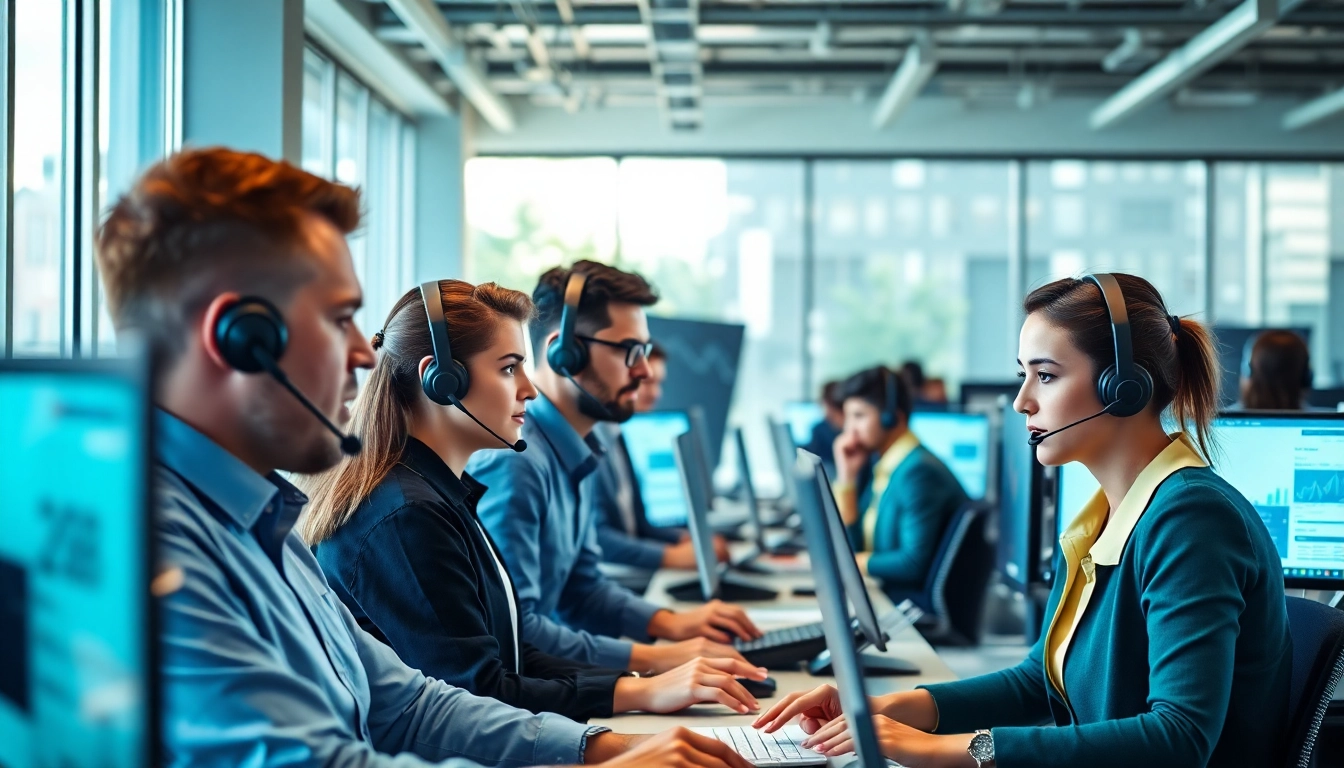Engaging workspace utilizing call centre software where diverse agents communicate efficiently.