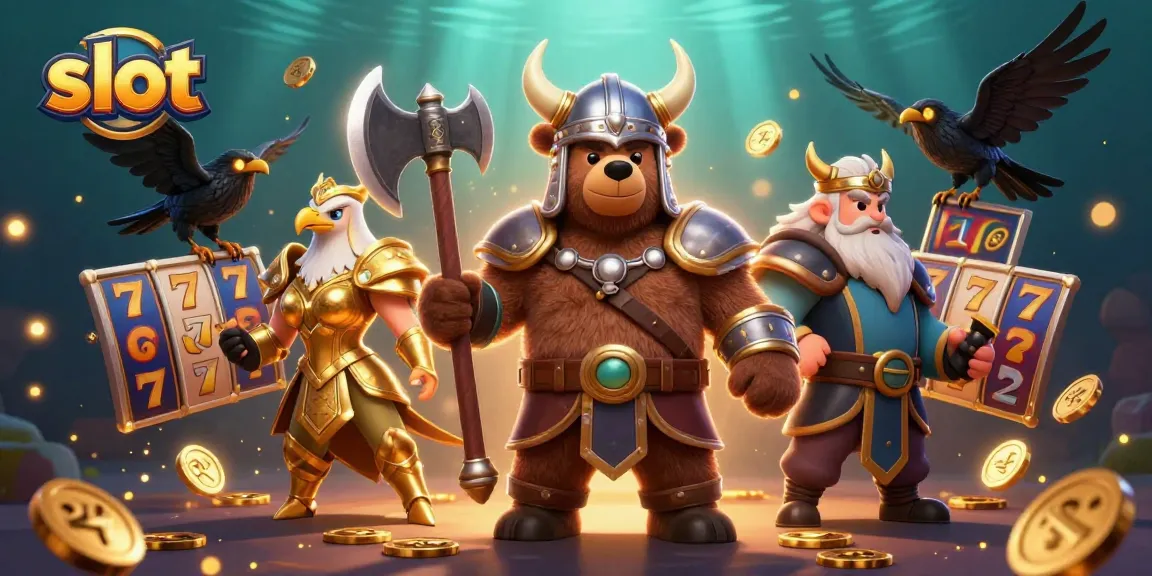 Spin the slot reels with Viking characters in a dynamic casino-themed illustration.