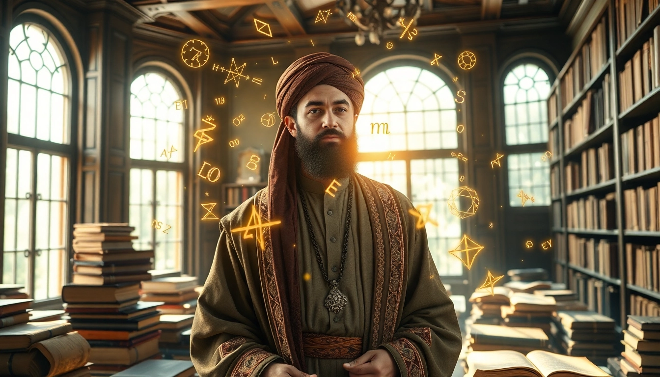 Illustration representing algorithm etymology with a Persian mathematician and vintage books.