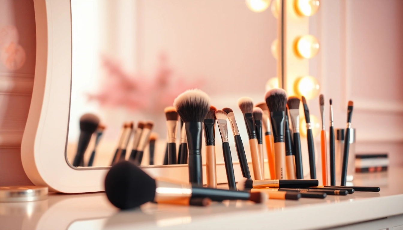 Explore professional makeup blending brushes on a stylish vanity with soft lighting.
