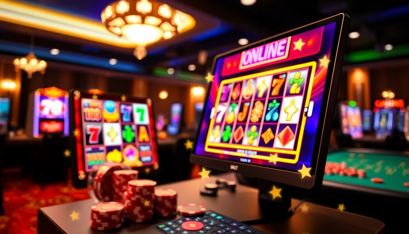Engaging online slots UK gameplay on a vibrant casino screen displaying colorful graphics and chips.