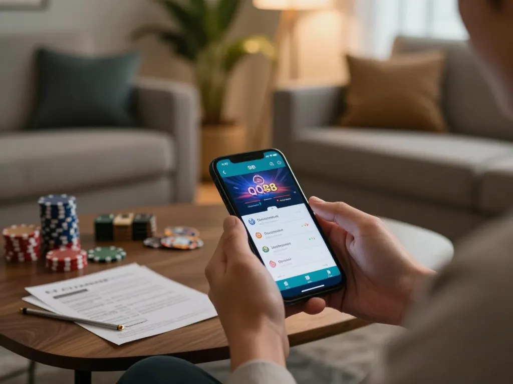 Engaging gameplay on the QQ88 app in a cozy home setting