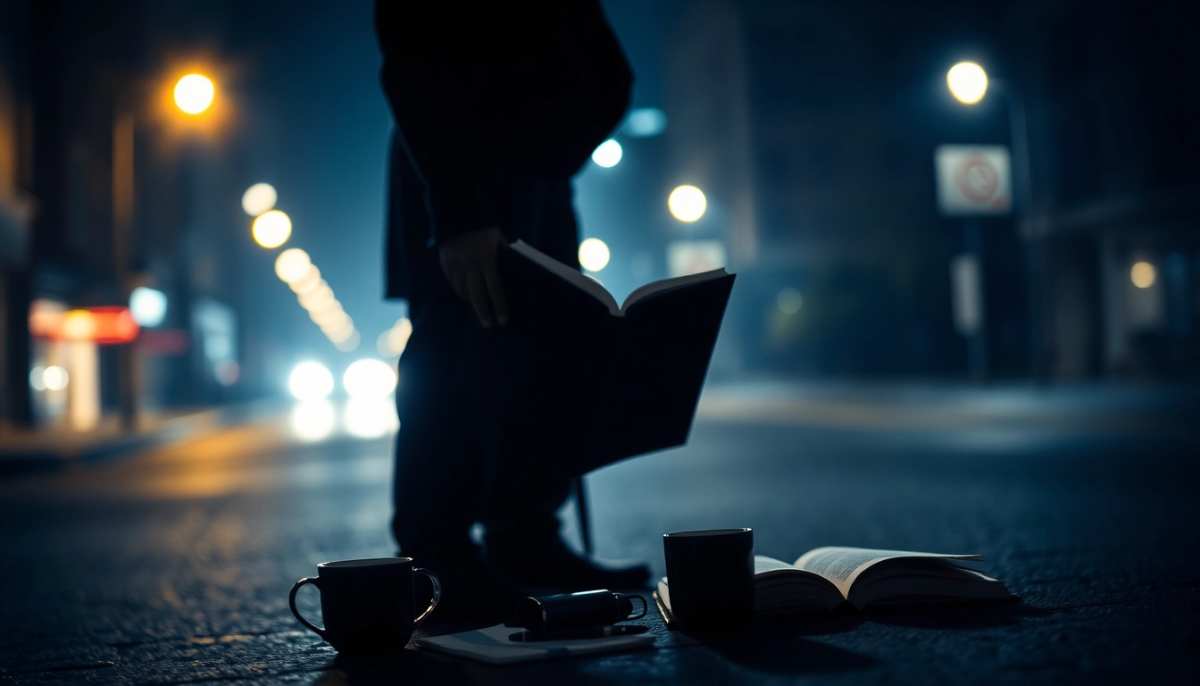 A shadowy figure accesses a thrilling book in a dimly lit urban scene, enhancing the thriller book atmosphere.