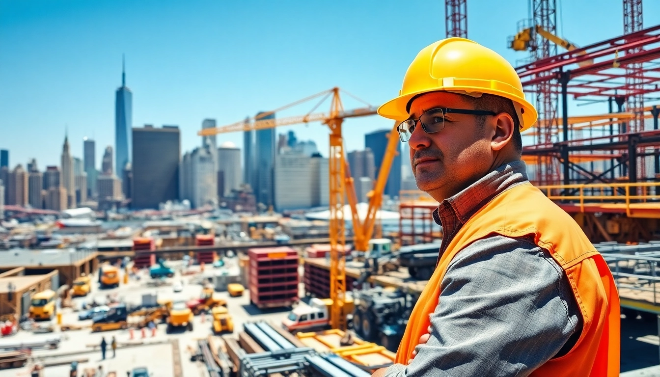 Manhattan Commercial General Contractor managing a busy construction site with Manhattan skyline.