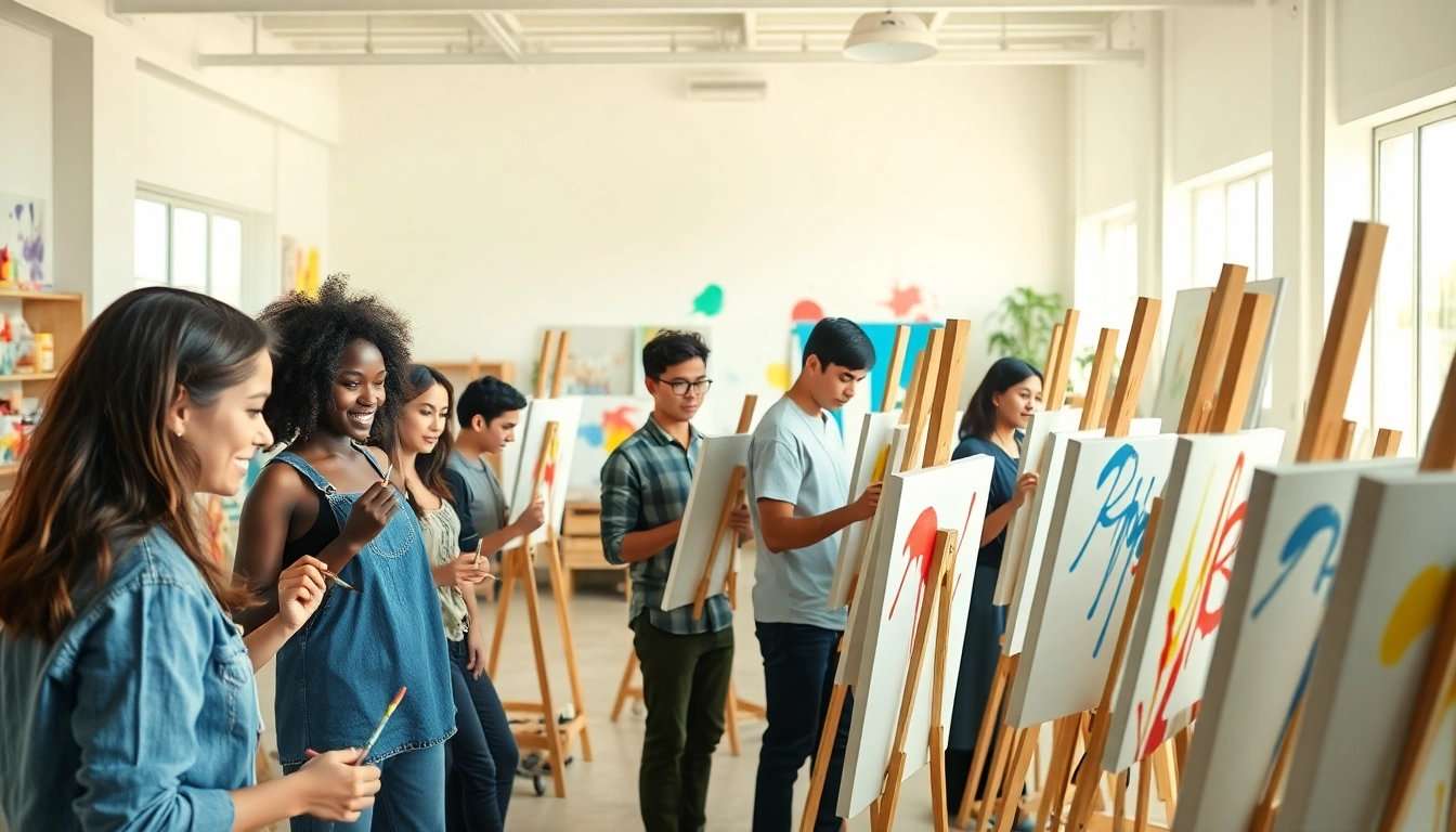 Apprentices in a painting apprenticeship actively learning and creating art in a vibrant workshop environment.