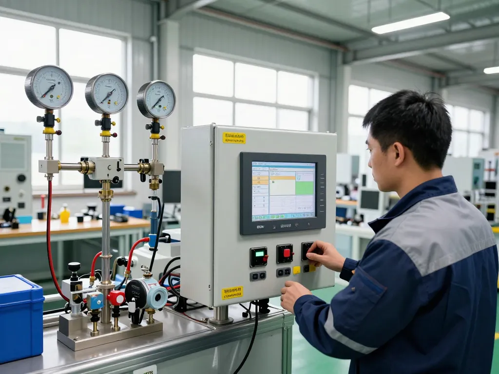 Technician operating Endress hauser equipment in industrial automation setting.