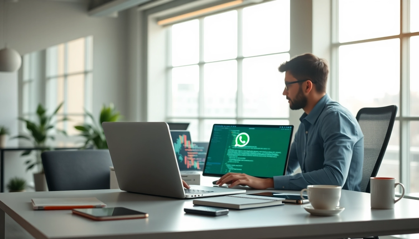 Showcase WhatsApp API integration with a developer engaged in coding on a laptop in an office.