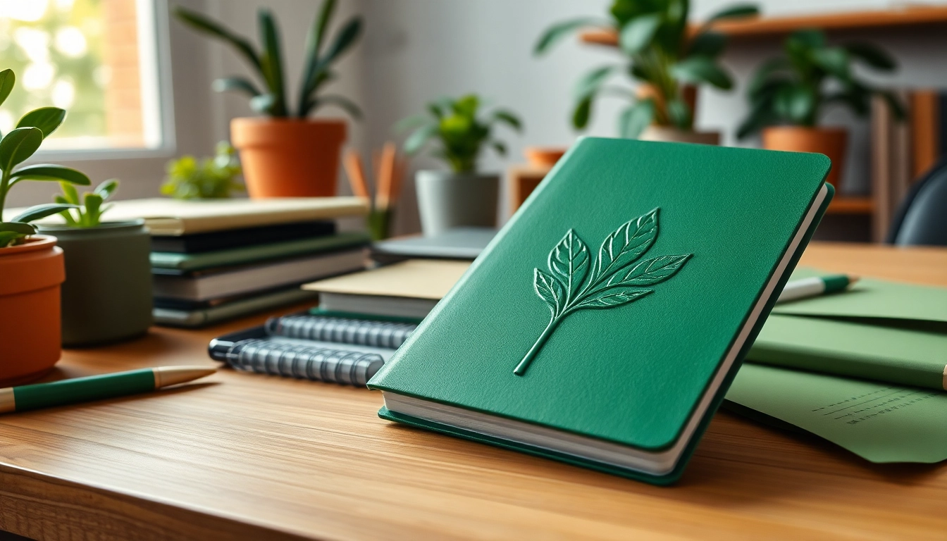 Showcasing eco-friendly green stationery products in an organized and inspiring office setting.