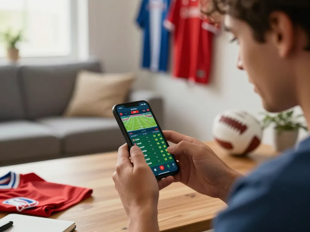 Engaged user on winstrike69 betting app analyzing live sports odds at home
