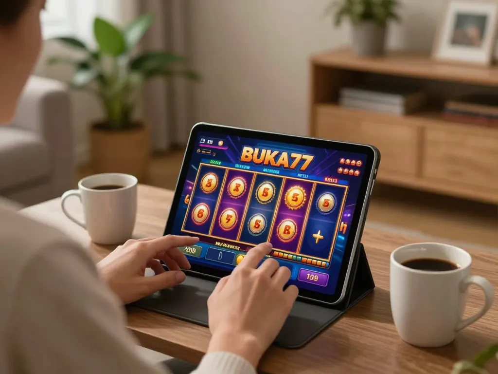 Playing BUKA77 slots on a tablet in a cozy living room setup, capturing the thrill of online gaming.