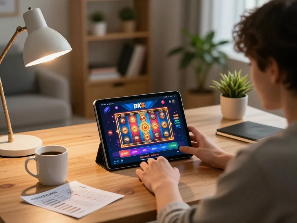 Person engaging with BK8 casino app on tablet in a cozy home setting, enjoying online gaming responsibly.