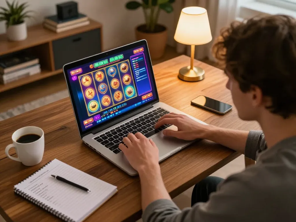 Player exploring sc88-bm slot games on laptop in a cozy home environment