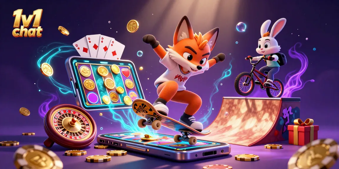 Engage in thrilling 1v1 chat as a skateboarder fox and BMX rabbit explore vibrant casino vibes.