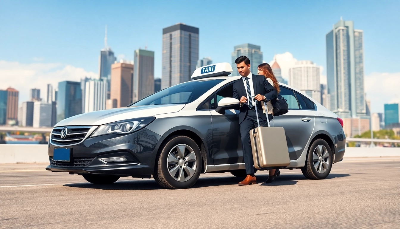 Experience long distance taxi transfers with a modern taxi assisting passengers in an urban setting.