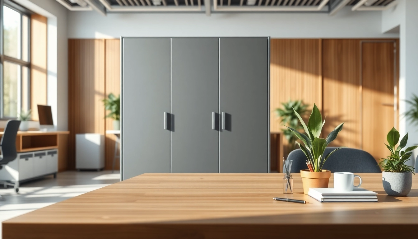 Organized steel cabinet in a modern office showcasing its sleek design and functionality.