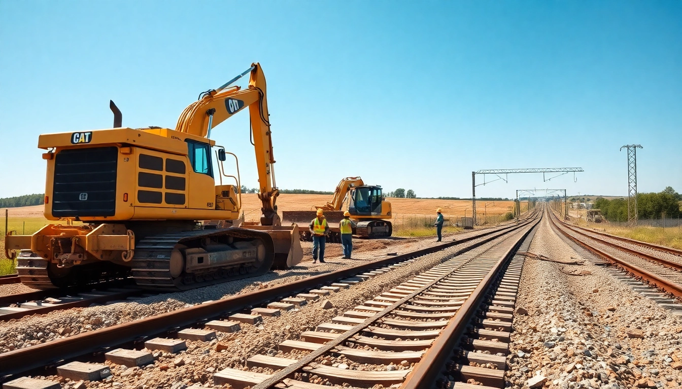 Railroad construction site with heavy machinery actively laying tracks in a vibrant rural landscape.