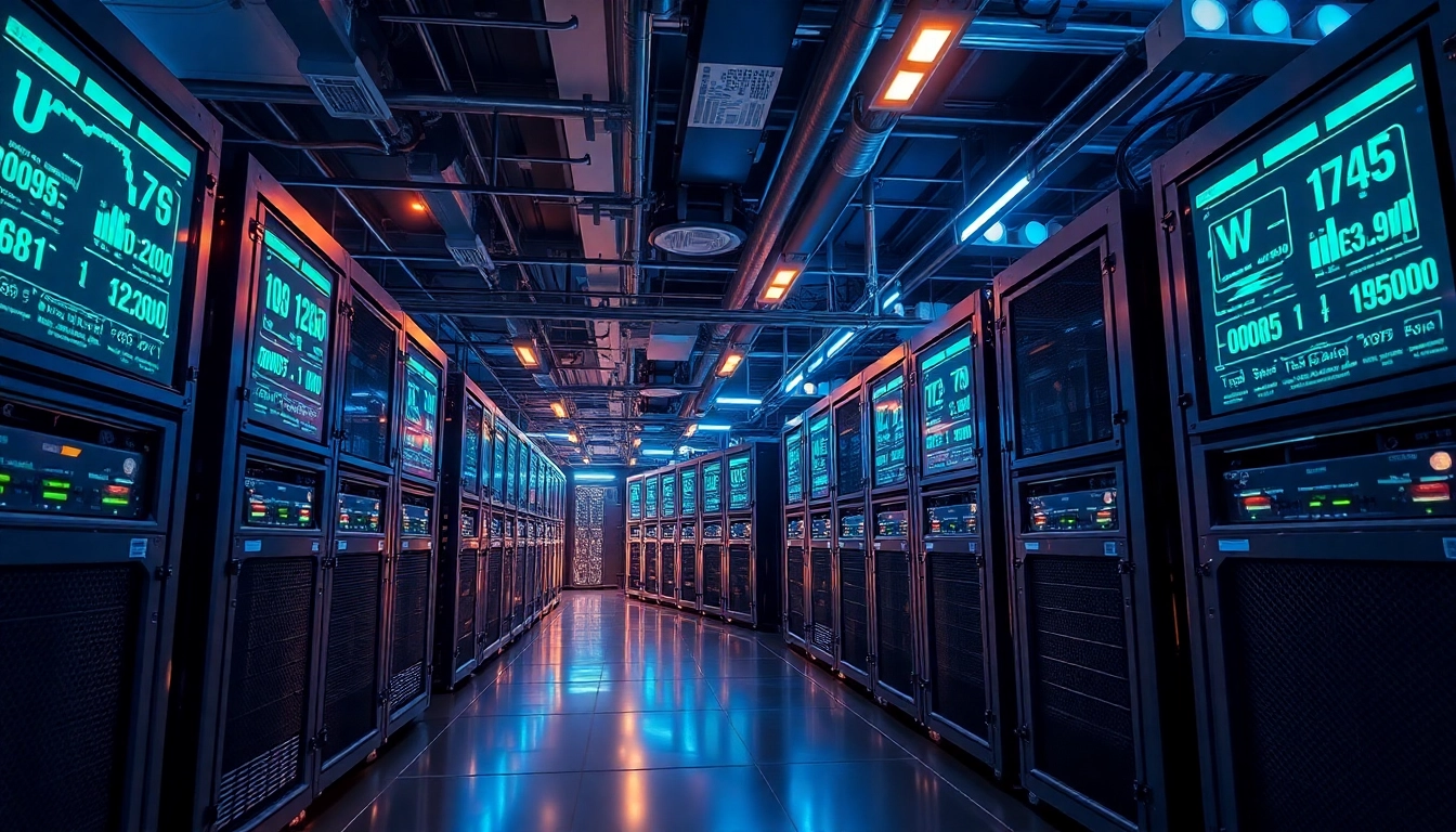 Dynamic crypto mining operation featuring ASIC miners and digital stats displayed on screens.
