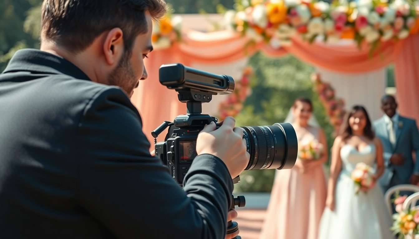 Candid moment of a videographer capturing a wedding, setting up the camera amidst joyful festivities.