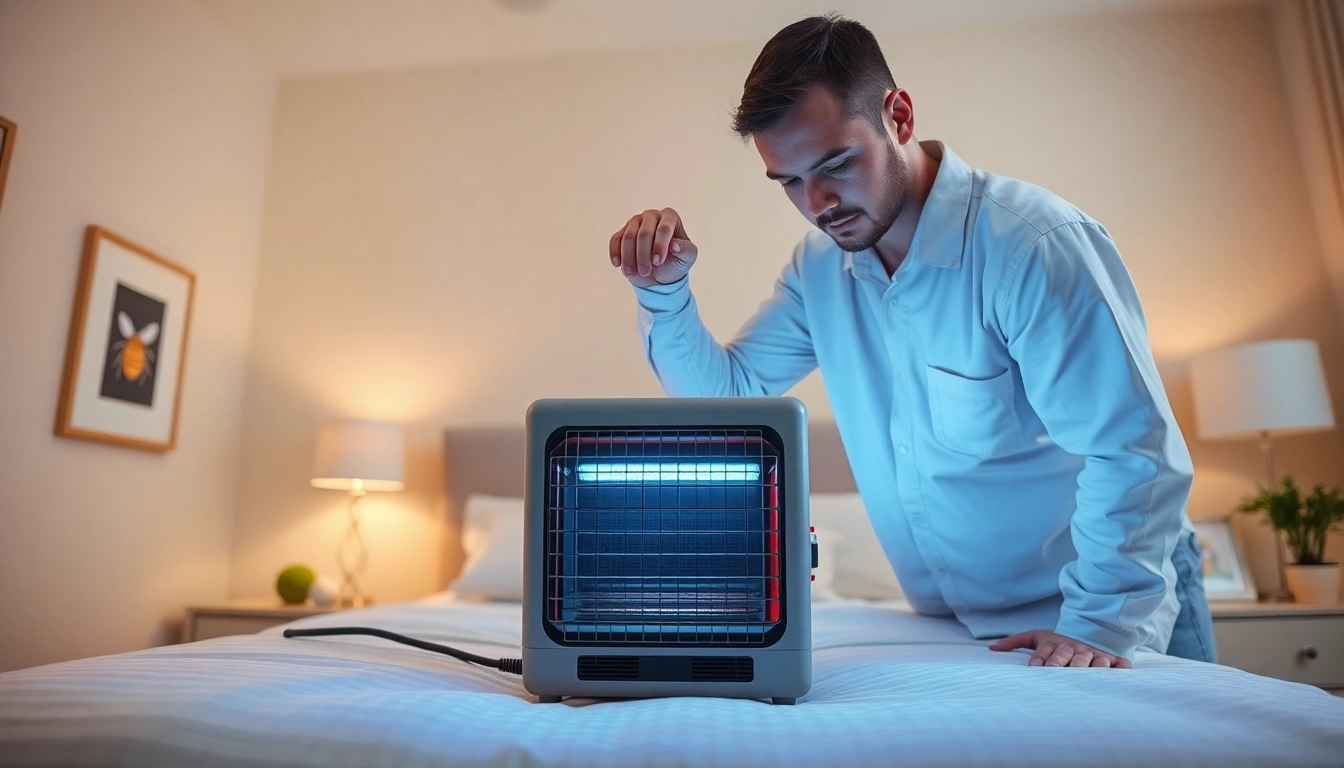 Technician performing bed bug heat treatment in a cozy modern bedroom setting.