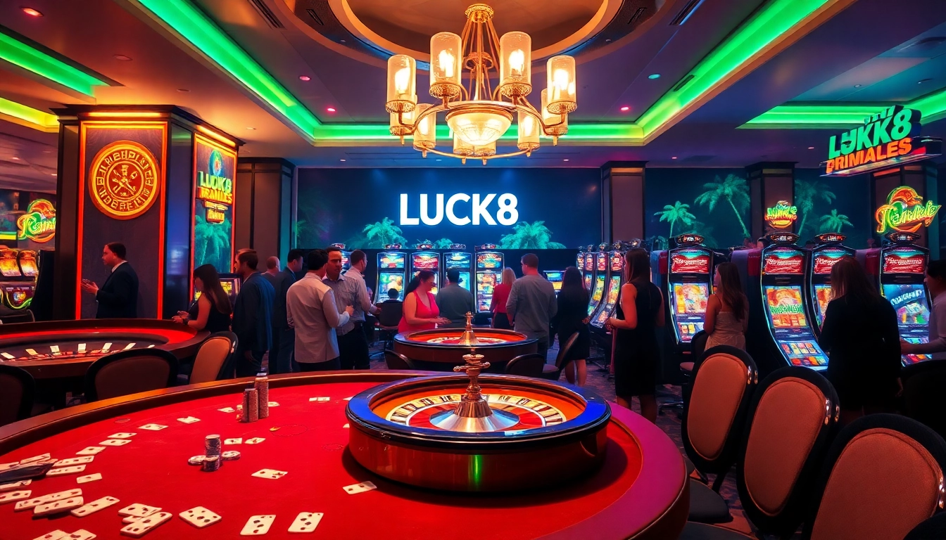 LUCK8 casino scene with vibrant poker table, roulette wheel, and excited players.