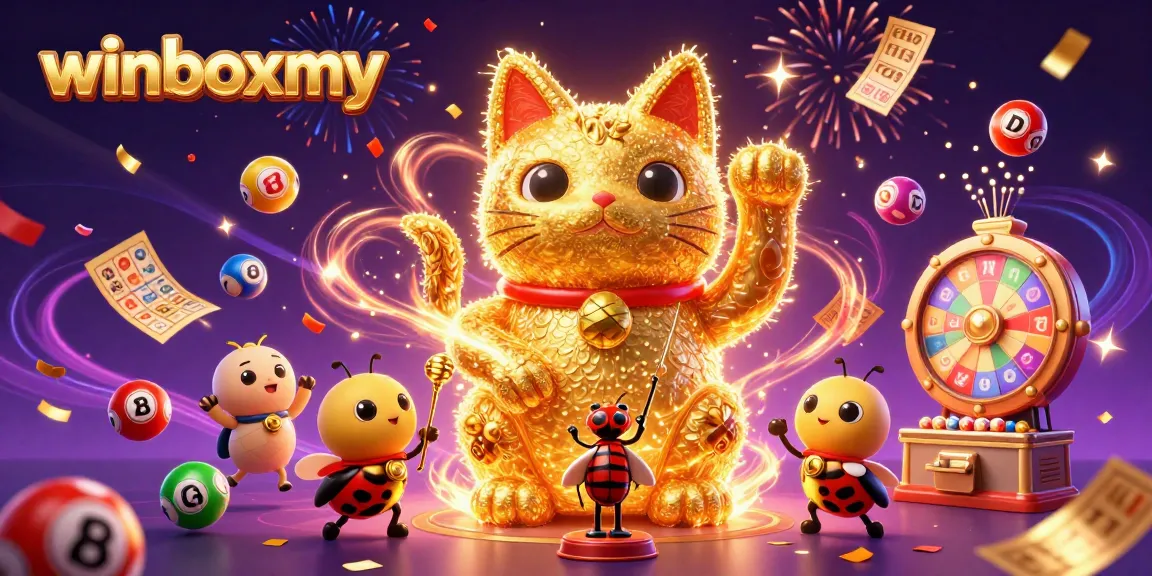 Experience the vibrant world of winboxmy with a golden lucky cat and dynamic casino elements bursting to life.