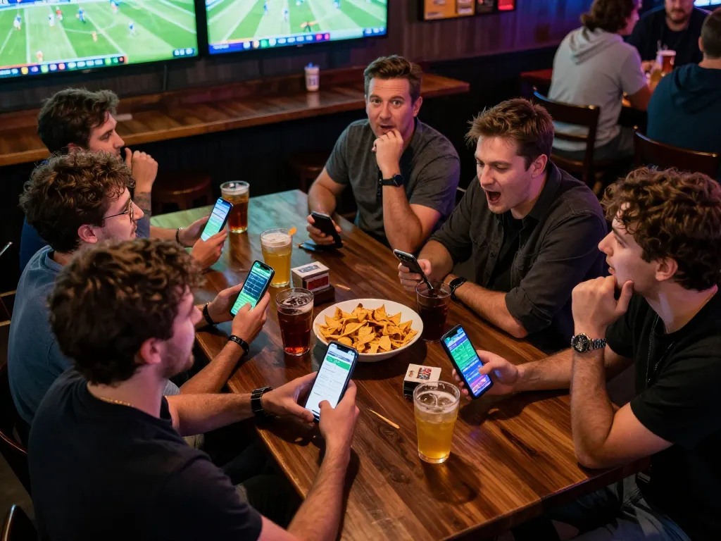 Friends engaging in thrilling sports betting with g28-t1 apps during live games in a lively bar