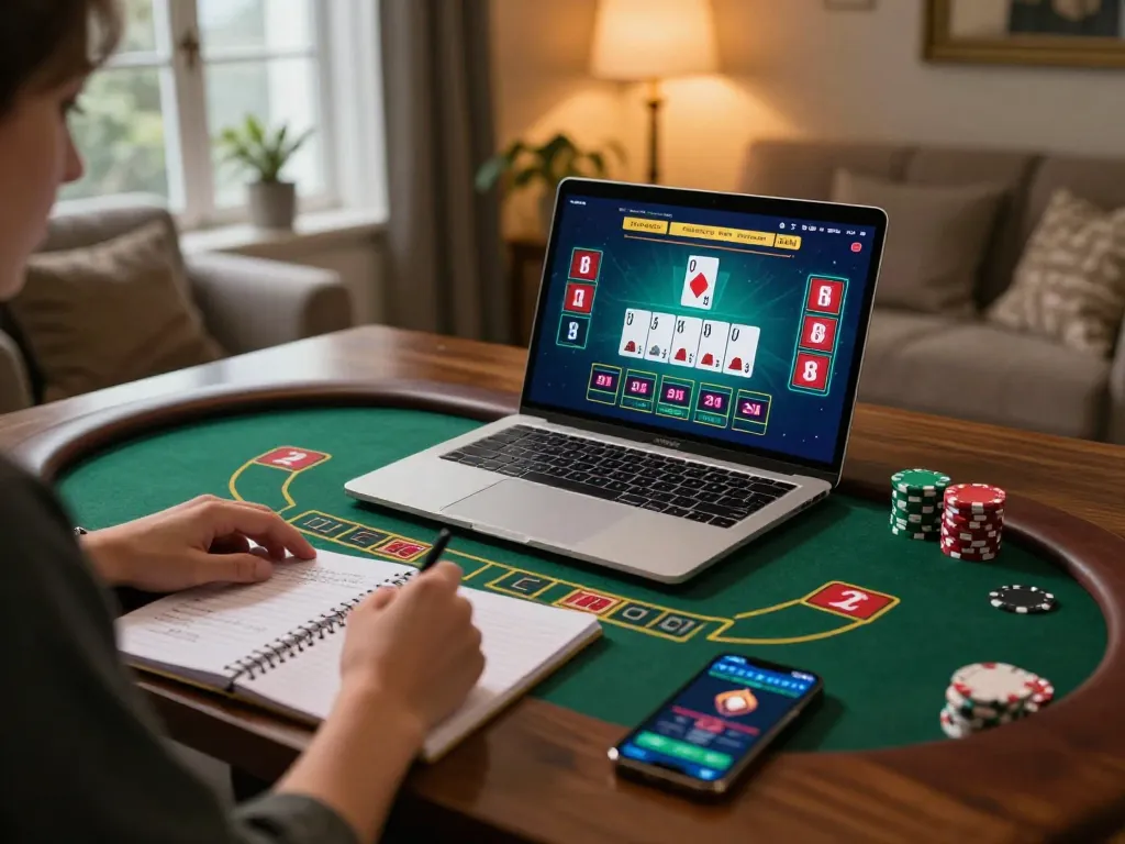 Engaging in a live dealer blackjack game on s666-bm with strategic notes and laptop.
