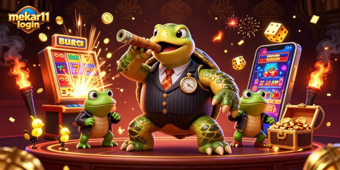 Engage with the vibrant mekar11 login scene featuring a mobster turtle amidst colorful casino elements.
