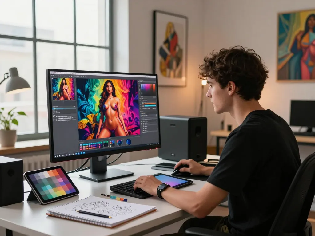 Artist creating AI porn visuals in a modern digital art studio, showcasing artistic innovation and creativity.