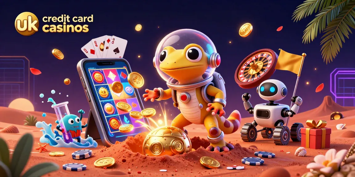uk credit card casinos featuring a Martian gecko finding a golden casino with gaming elements scattered around