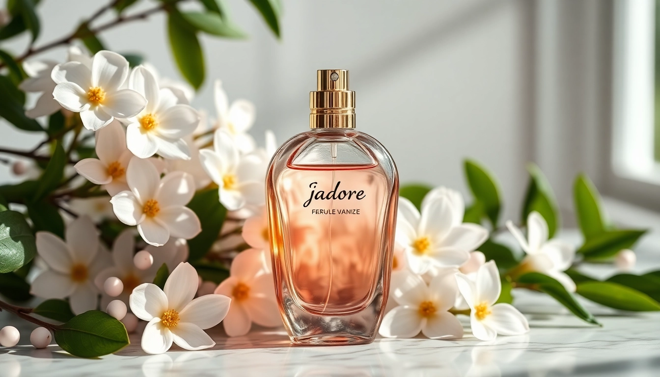 Admire Jadore perfume beautifully arranged with jasmine flowers, showcasing luxury and femininity.