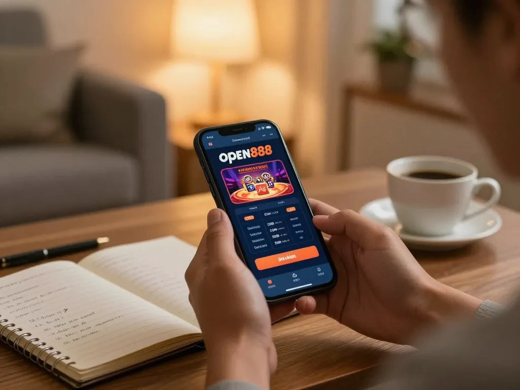 Gambling enthusiast engaged with open888 casino app on smartphone in a cozy home setting.