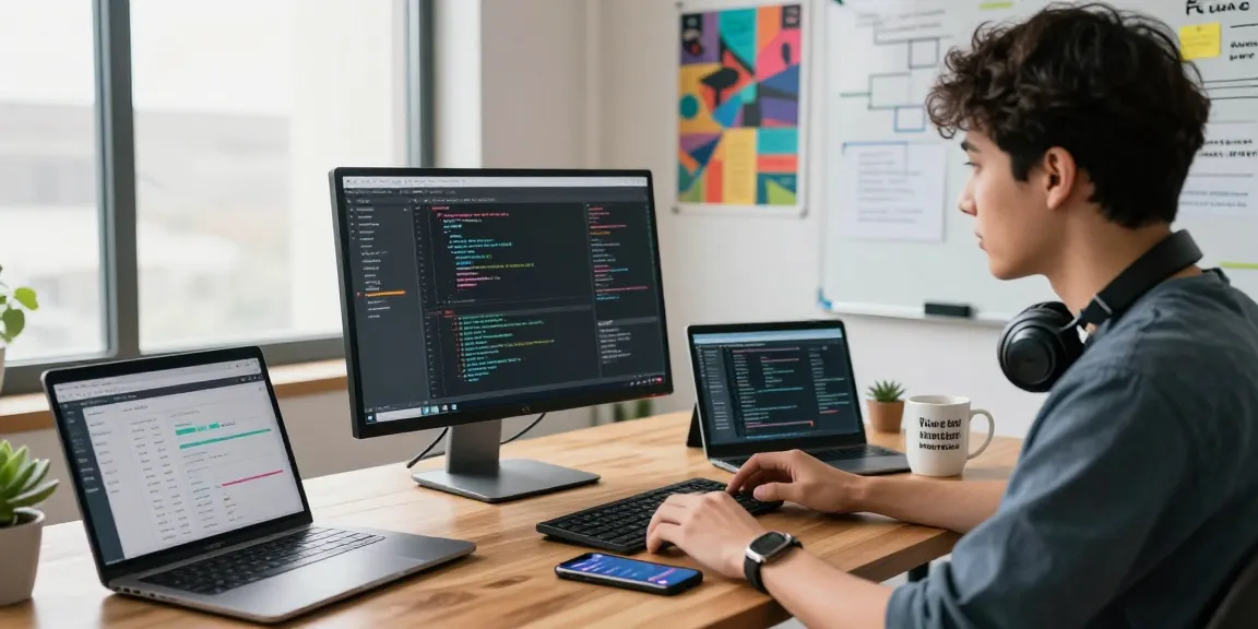 Developer collaborating in a modern workspace, focusing on 纸飞机下载 and project management tools in a bright environment.