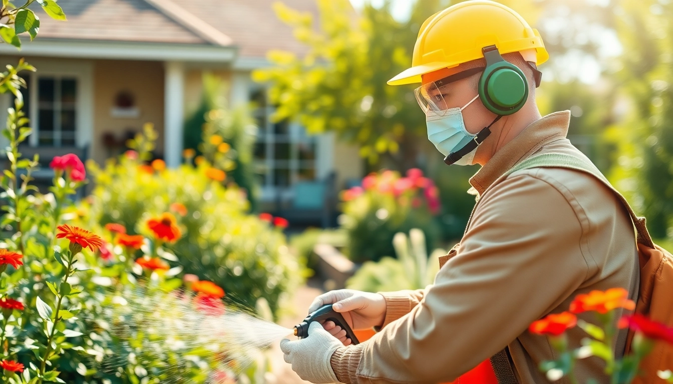 Applying quarterly bug treatment in a serene backyard garden, showcasing care in pest control.