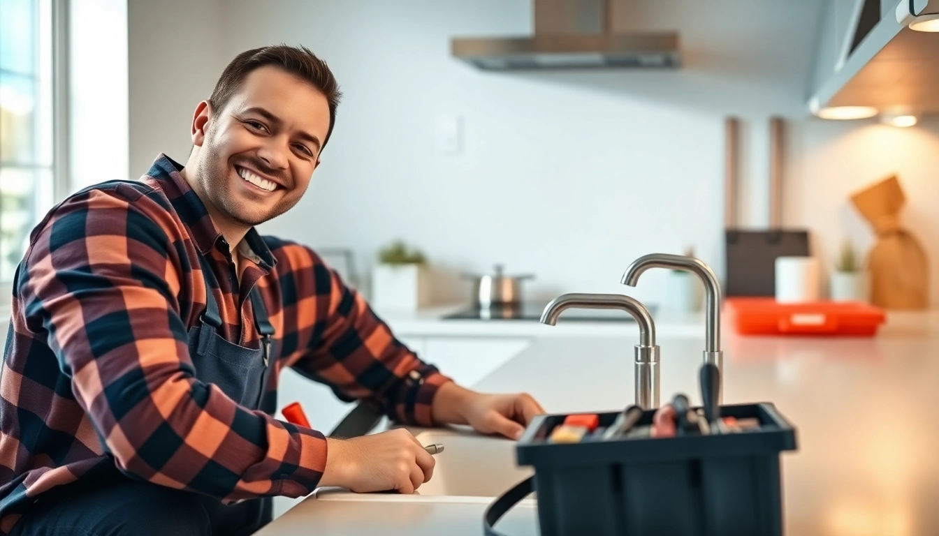 Bristol plumber repairing a sink with professional tools in a bright kitchen setting.