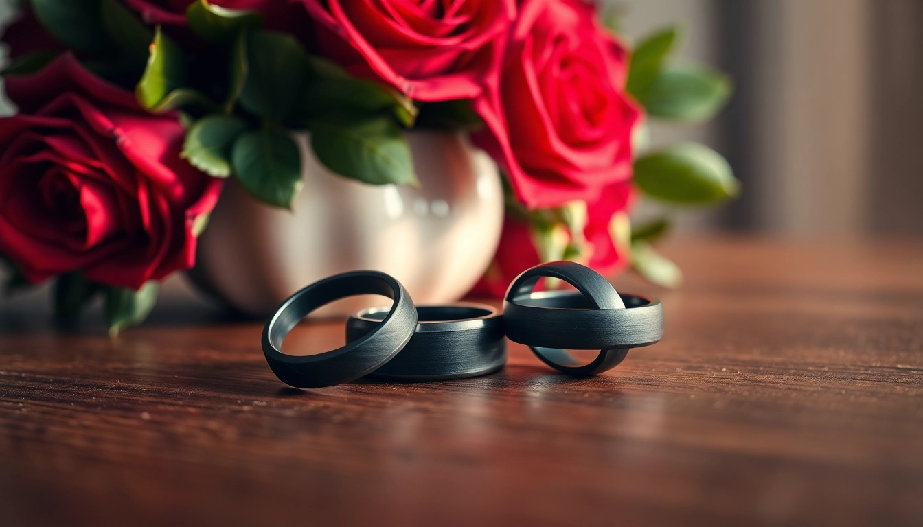 Showcase of Black Zirconium Rings with elegant textures and luxurious setting.