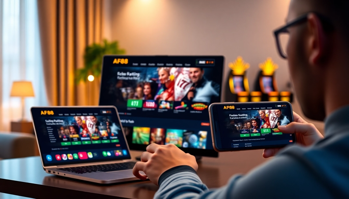 Experience the engaging online gambling platform of af88.com through modern tech devices displaying exciting game options.