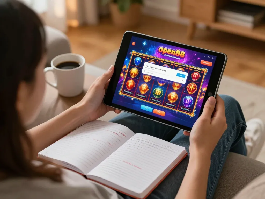 Engaging gameplay on the open88 link through a tablet in a cozy living room setting.