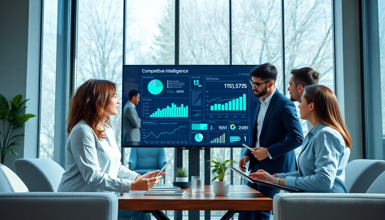 Professionals collaborating on b2b competitive intelligence analysis in a modern office setting.